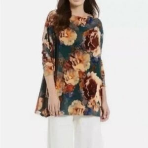 Bryn Walker Dimitri Watercolor Floral Pullover Tunic Top M Lagenlook Artsy Boho‎